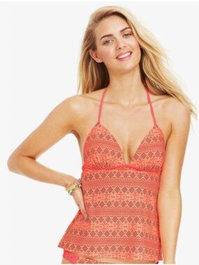 Hula Honey apron style tankini top bright coral with push up padding